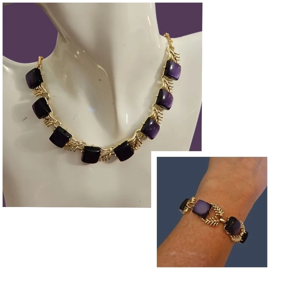 VTG CORO 1940s Purple Botanical Square Thermoset Choker Necklace Bracelet Set